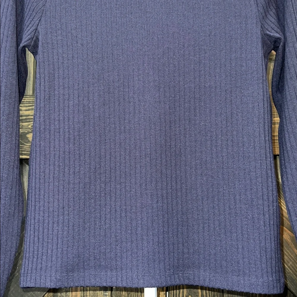J. Crew Blue Ruffle Mock Neck Top S Ribbed Minimalist Preppy‎ Chic Capsule Basic